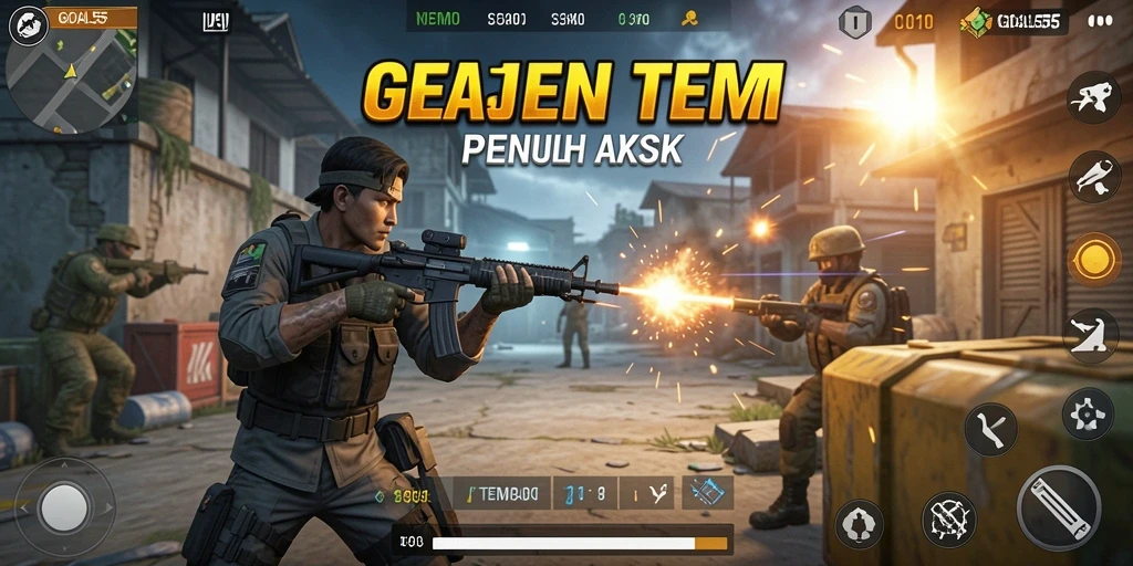 Gameplay GOAL55 menampilkan aksi tembak-menembak yang intens dan menegangkan.