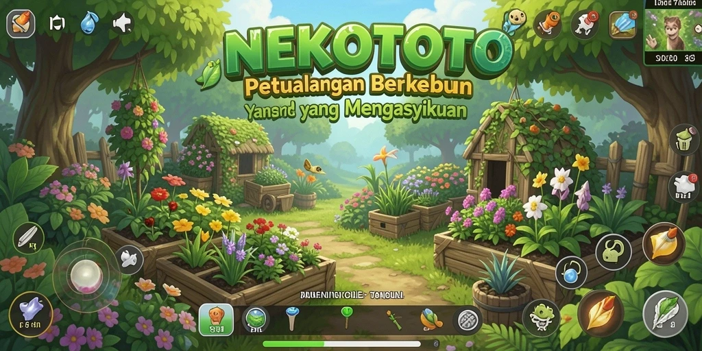 Tangkapan layar gameplay NEKOTOTO menampilkan kegiatan berkebun yang seru.