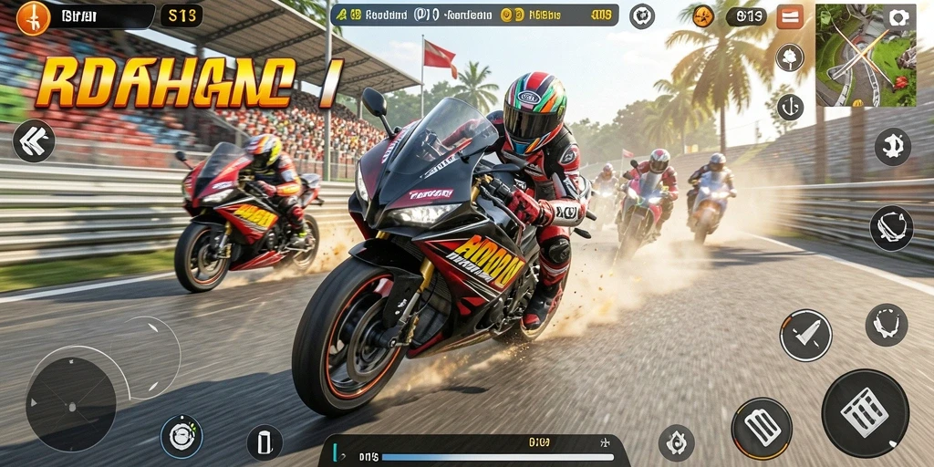 Tampilan screenshot S13 menunjukkan balapan motor yang penuh aksi dan kecepatan.